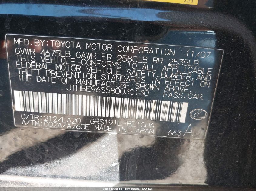 2008 Lexus Gs 350 VIN: JTHBE96S580030130 Lot: 43900013