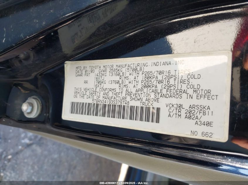 2003 Toyota Tundra Sr5 VIN: 5TBRN34193S379748 Lot: 43900017