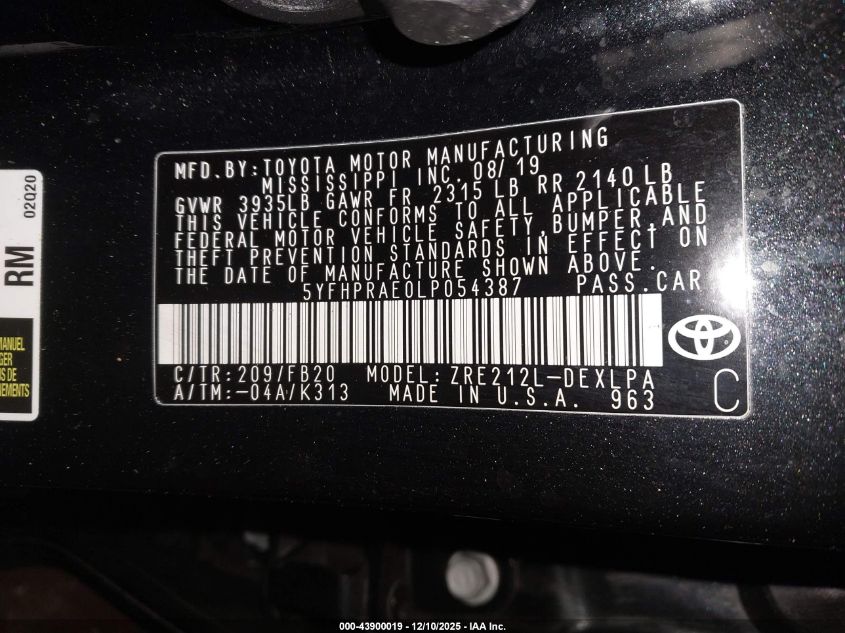 2020 Toyota Corolla Le VIN: 5YFHPRAE0LP054387 Lot: 43900019