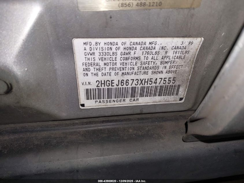 1999 Honda Civic Lx VIN: 2HGEJ6673XH547555 Lot: 43900020