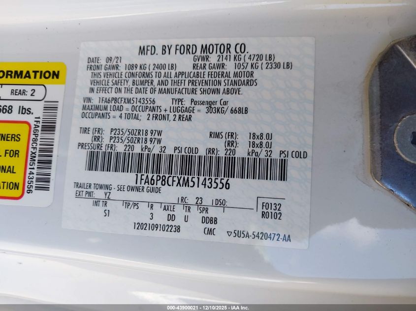 2021 Ford Mustang Gt Premium Fastback VIN: 1FA6P8CFXM5143556 Lot: 43900021