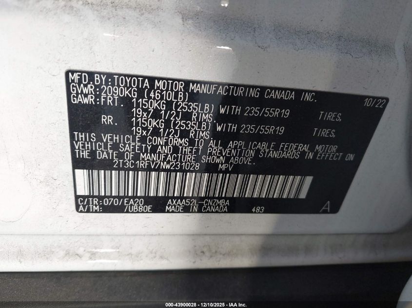 2022 Toyota Rav4 Xle Premium VIN: 2T3C1RFV7NW231028 Lot: 43900028