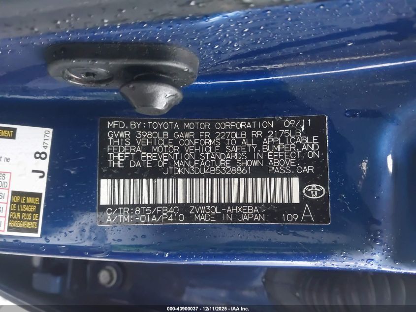 2011 Toyota Prius Two VIN: JTDKN3DU4B5328861 Lot: 43900037