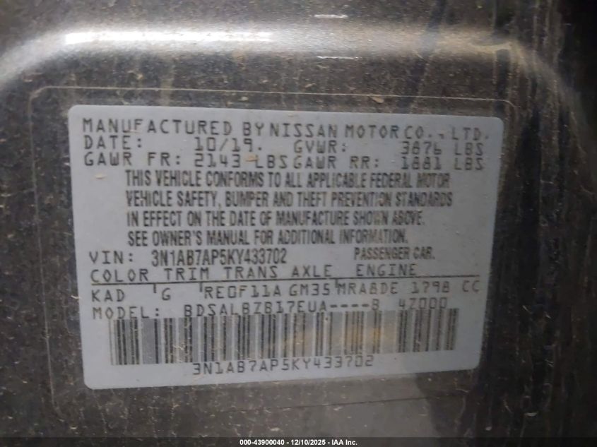 2019 Nissan Sentra S VIN: 3N1AB7AP5KY433702 Lot: 43900040