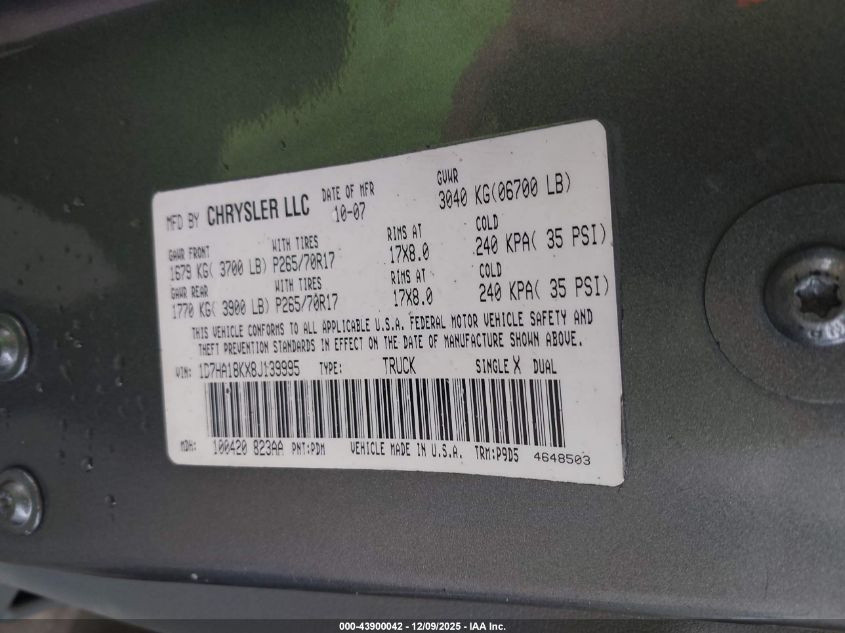 2008 Dodge Ram 1500 St/Sxt VIN: 1D7HA18KX8J139995 Lot: 43900042