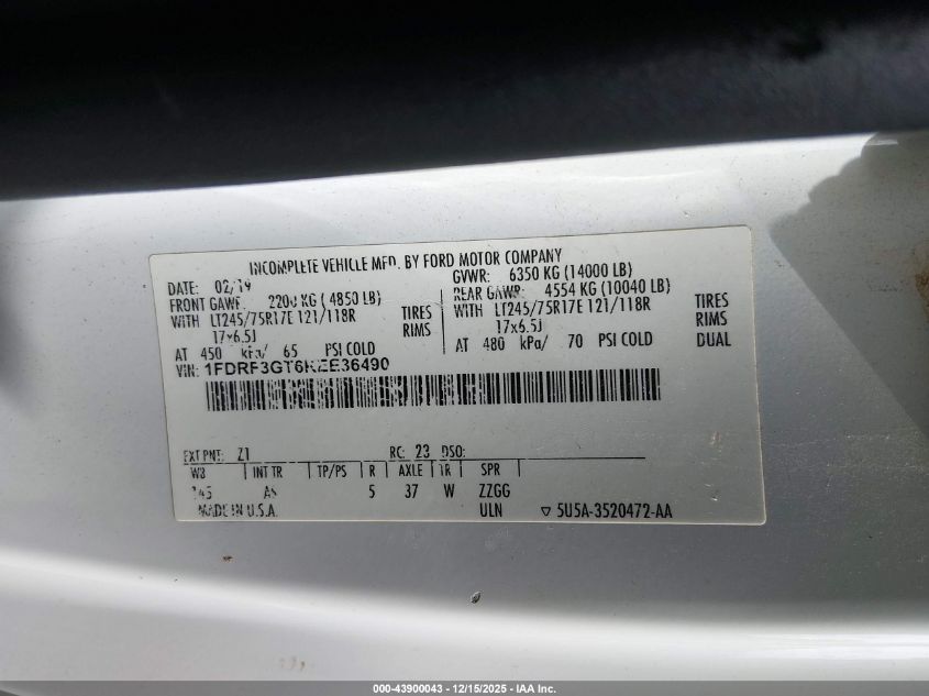 2019 Ford F-350 Chassis Xl VIN: 1FDRF3GT6KEE36490 Lot: 43900043