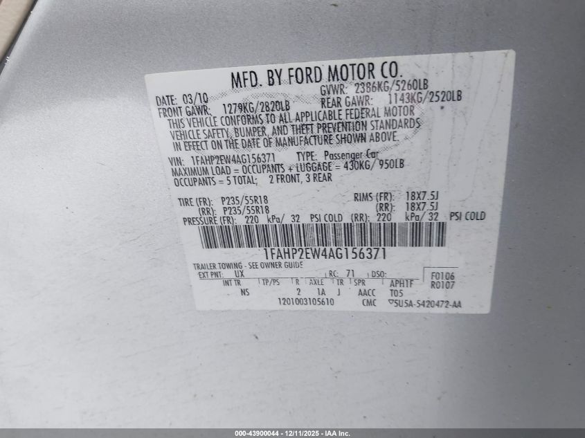 2010 Ford Taurus Sel VIN: 1FAHP2EW4AG156371 Lot: 43900044