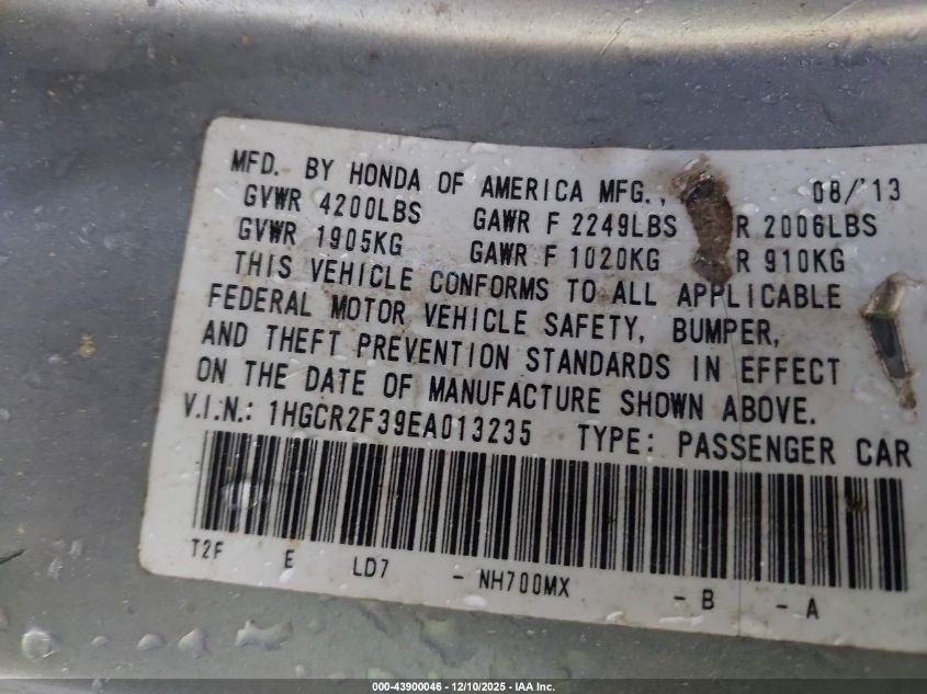 2014 Honda Accord Lx VIN: 1HGCR2F39EA013235 Lot: 43900046