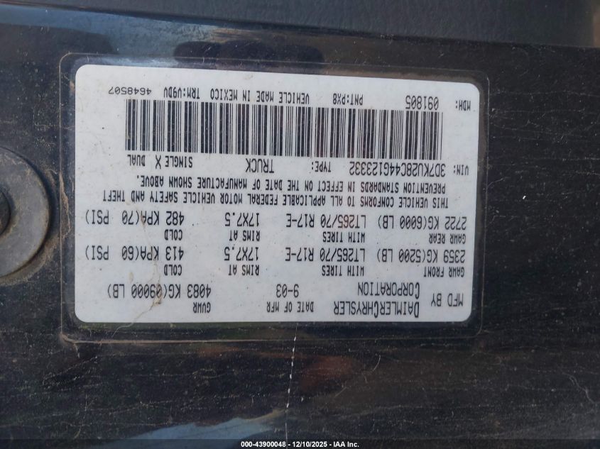 2004 Dodge Ram 2500 Slt/Laramie VIN: 3D7KU28C44G123332 Lot: 43900048