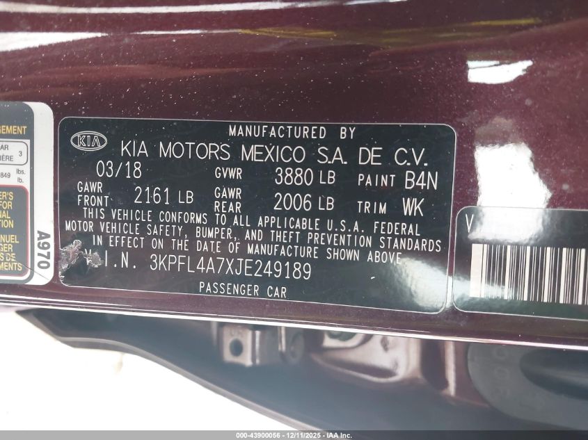 2018 Kia Forte Lx VIN: 3KPFL4A7XJE249189 Lot: 43900056