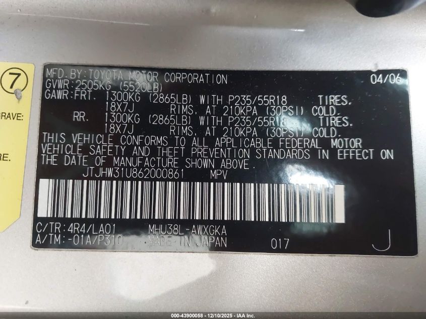 2006 Lexus Rx 400H VIN: JTJHW31U862000861 Lot: 43900058