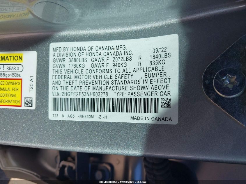 2022 Honda Civic Sport VIN: 2HGFE2F53NH603278 Lot: 43900059