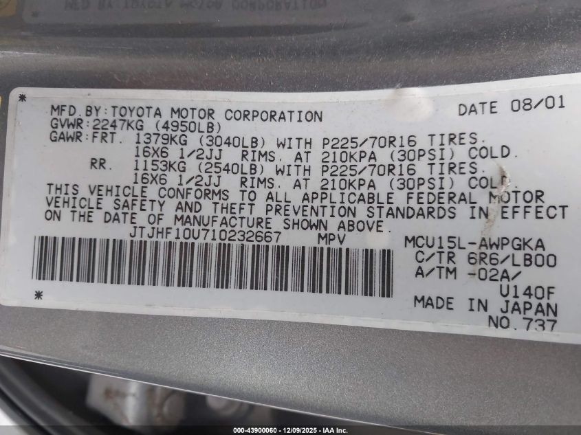 2001 Lexus Rx 300 VIN: JTJHF10U710232667 Lot: 43900060