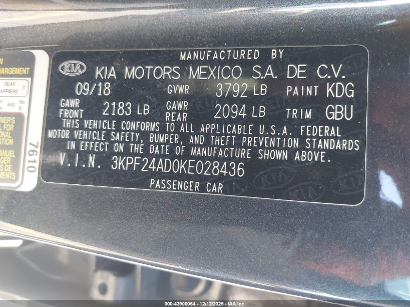 2019 Kia Forte Lxs VIN: 3KPF24AD0KE028436 Lot: 43900064