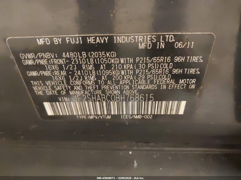 2011 Subaru Forester 2.5X VIN: JF2SHABC0BH768615 Lot: 43900073