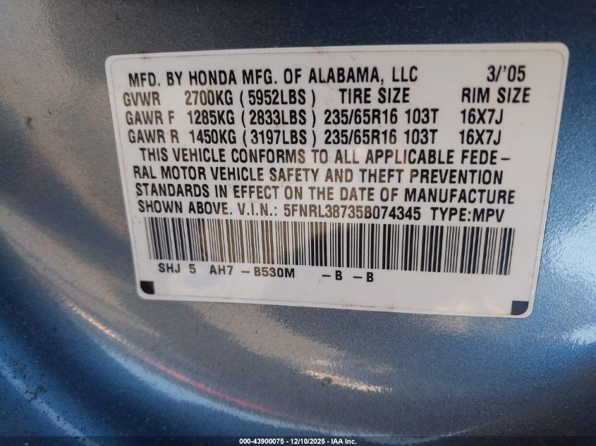 2005 Honda Odyssey Ex-L VIN: 5FNRL38735B074345 Lot: 43900075