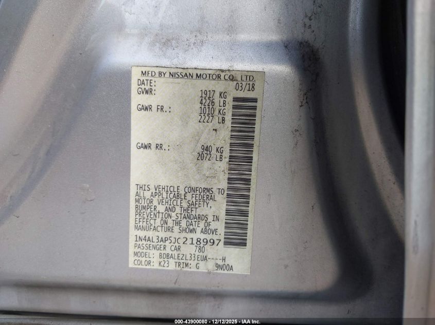 2018 Nissan Altima 2.5 S VIN: 1N4AL3AP5JC218997 Lot: 43900080