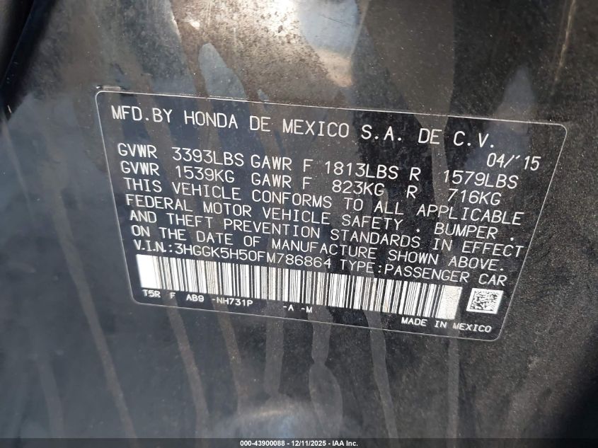 2015 Honda Fit Lx VIN: 3HGGK5H50FM786864 Lot: 43900088