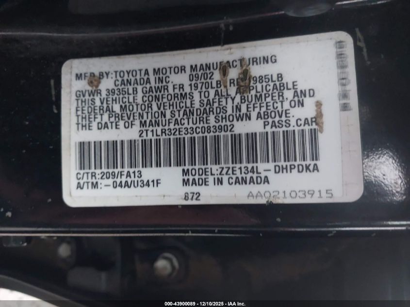 2003 Toyota Matrix Standard VIN: 2T1LR32E33C083902 Lot: 43900089