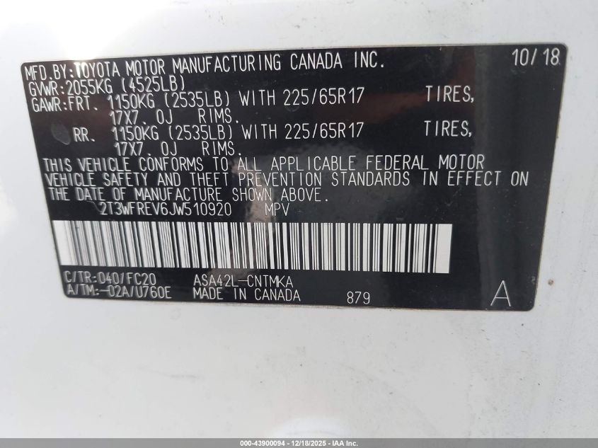 2018 Toyota Rav4 Xle VIN: 2T3WFREV6JW510920 Lot: 43900094