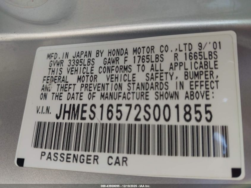 2002 Honda Civic Lx VIN: JHMES16572S001855 Lot: 43900095