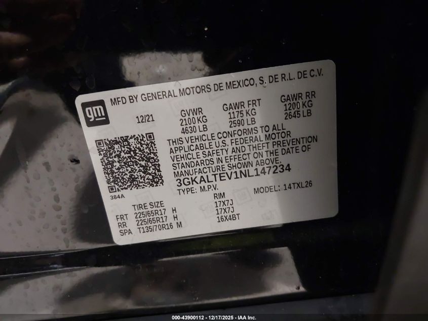 2022 GMC Terrain Awd Sle VIN: 3GKALTEV1NL147234 Lot: 43900112