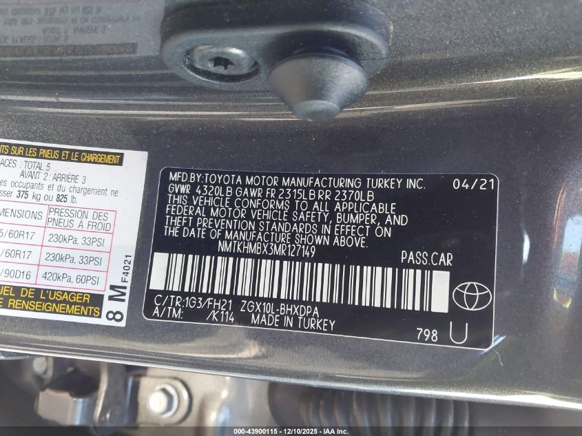 2021 Toyota C-Hr Le VIN: NMTKHMBX3MR127149 Lot: 43900115