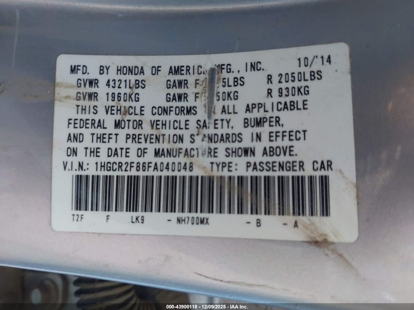 2015 Honda Accord Ex-L VIN: 1HGCR2F86FA040048 Lot: 43900118