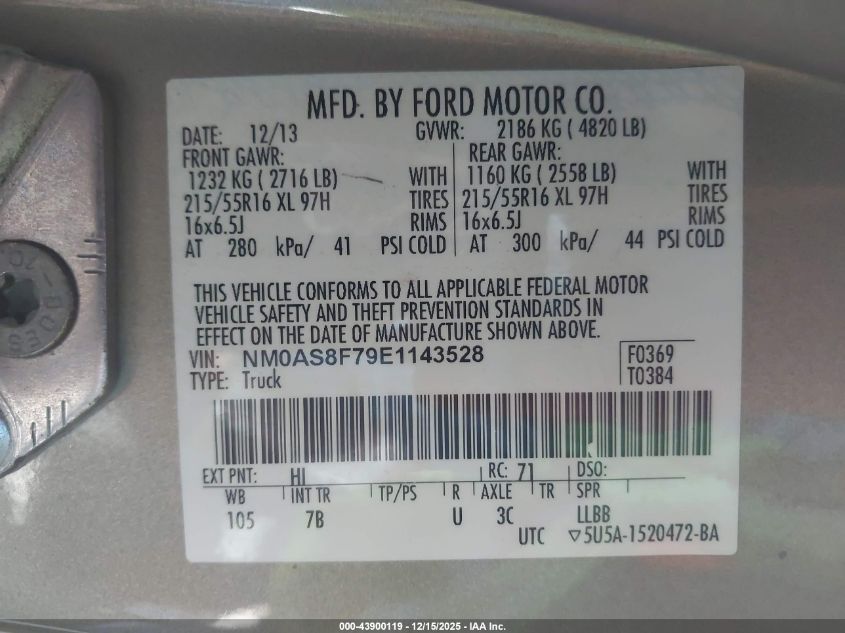 2014 Ford Transit Connect Xlt VIN: NM0AS8F79E1143528 Lot: 43900119