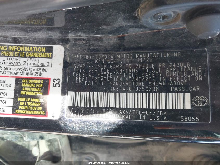 2023 Toyota Camry Xse VIN: 4T1K61AK8PU759796 Lot: 43900120