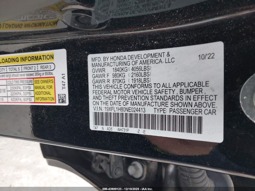 2022 Honda Civic Sport Touring VIN: 19XFL1H80NE024413 Lot: 43900123