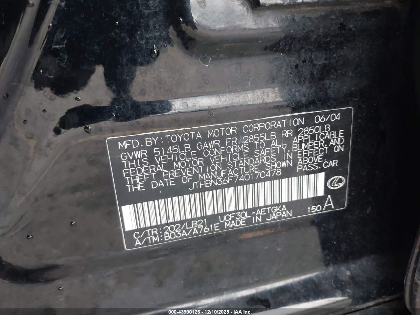 2004 Lexus Ls 430 VIN: JTHBN36F740170478 Lot: 43900126