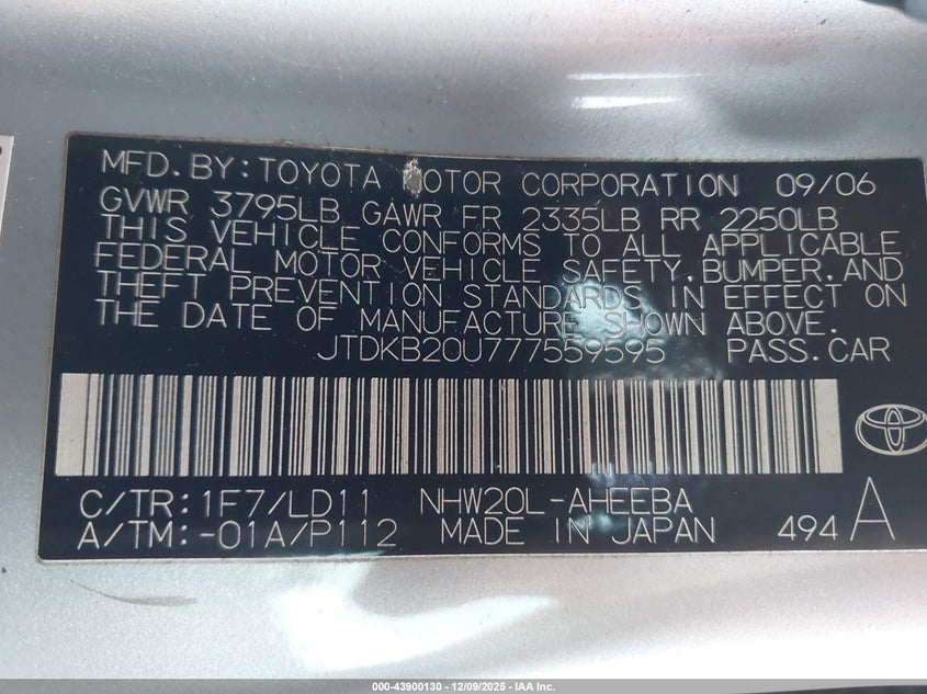 JTDKB20U777559595 2007 TOYOTA PRIUS photo no. 9