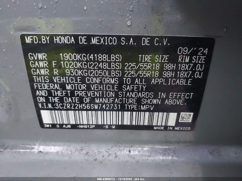 2025 Honda Hr-V Awd Sport VIN: 3CZRZ2H56SM742731 Lot: 43900131