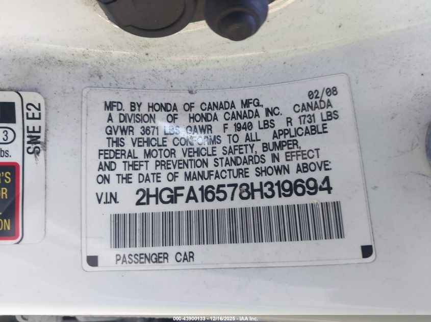 2008 Honda Civic Lx VIN: 2HGFA16578H319694 Lot: 43900133