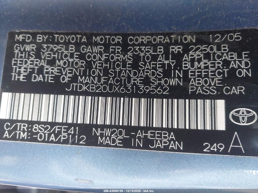 2006 Toyota Prius VIN: JTDKB20UX63139562 Lot: 43900136