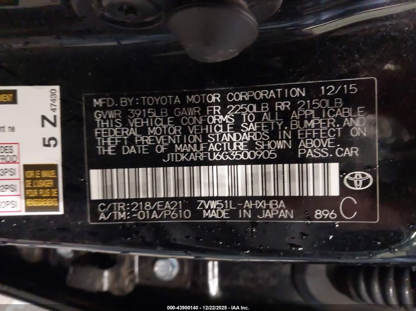 2016 Toyota Prius Three Touring VIN: JTDKARFU6G3500905 Lot: 43900140