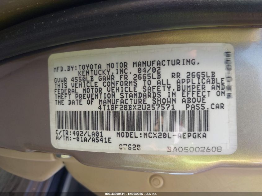 2002 Toyota Avalon Xls VIN: 4T1BF28BX2U257571 Lot: 43900141