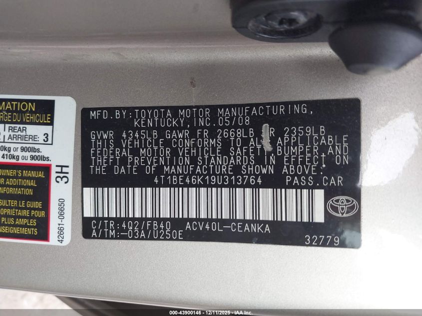 2009 Toyota Camry VIN: 4T1BE46K19U313764 Lot: 43900146
