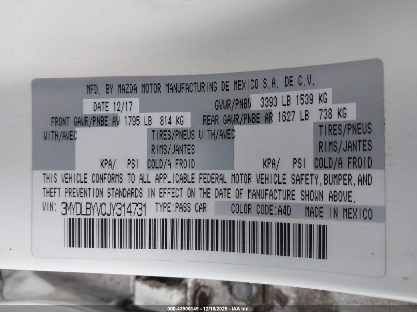 2018 Toyota Yaris Ia VIN: 3MYDLBYV0JY314731 Lot: 43900149