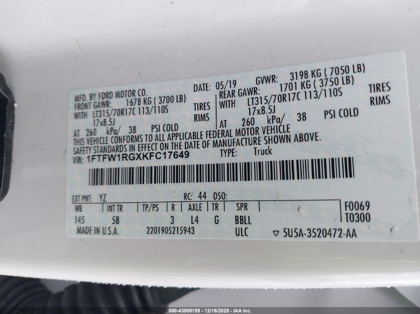 2019 Ford F-150 Raptor VIN: 1FTFW1RGXKFC17649 Lot: 43900159