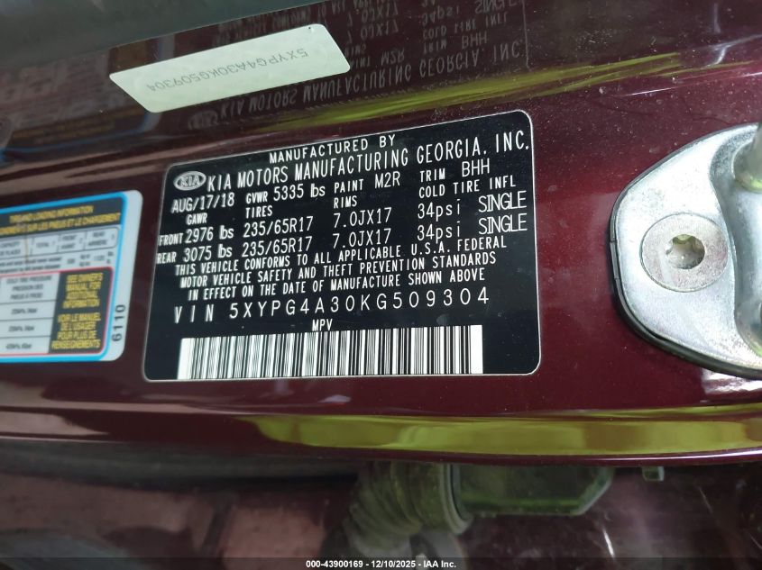 2019 Kia Sorento 2.4L Lx VIN: 5XYPG4A30KG509304 Lot: 43900169