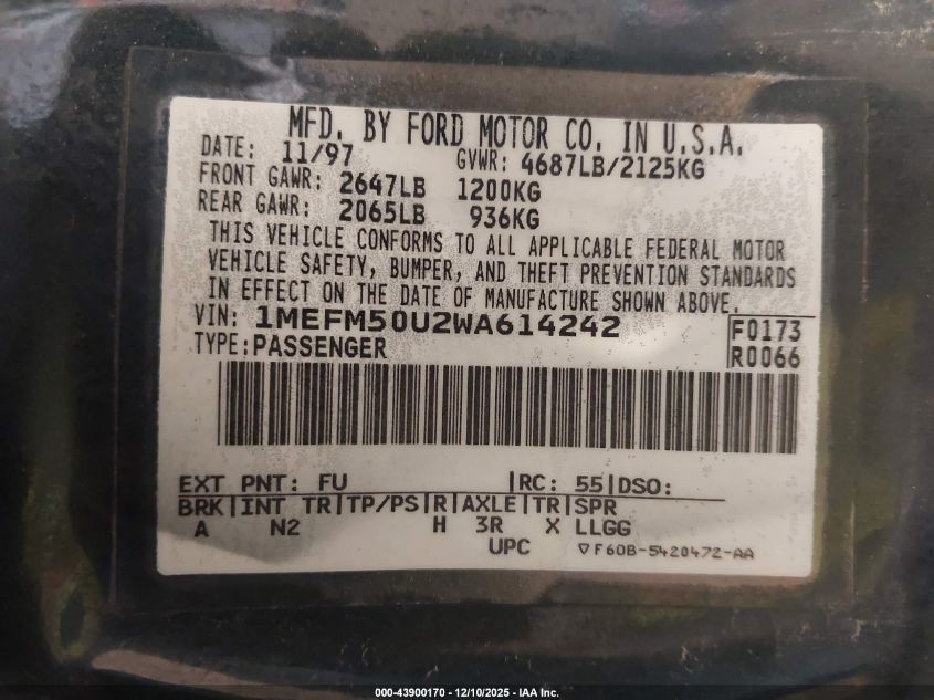 1998 Mercury Sable Gs/Ls VIN: 1MEFM50U2WA614242 Lot: 43900170