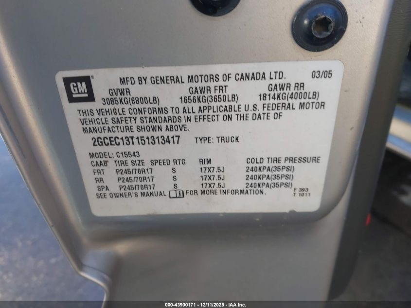 2005 Chevrolet Silverado 1500 Ls VIN: 2GCEC13T151313417 Lot: 43900171