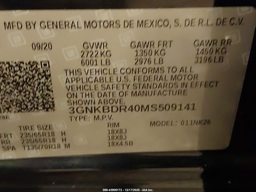 2021 Chevrolet Blazer Fwd 3Lt VIN: 3GNKBDR40MS509141 Lot: 43900172