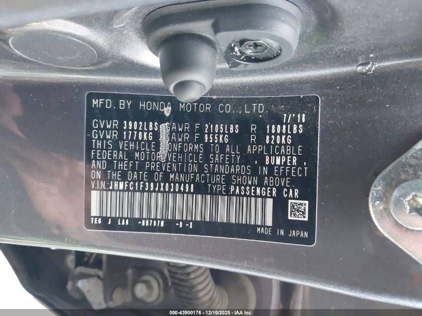 2018 Honda Civic Ex-T VIN: JHMFC1F39JX030498 Lot: 43900176