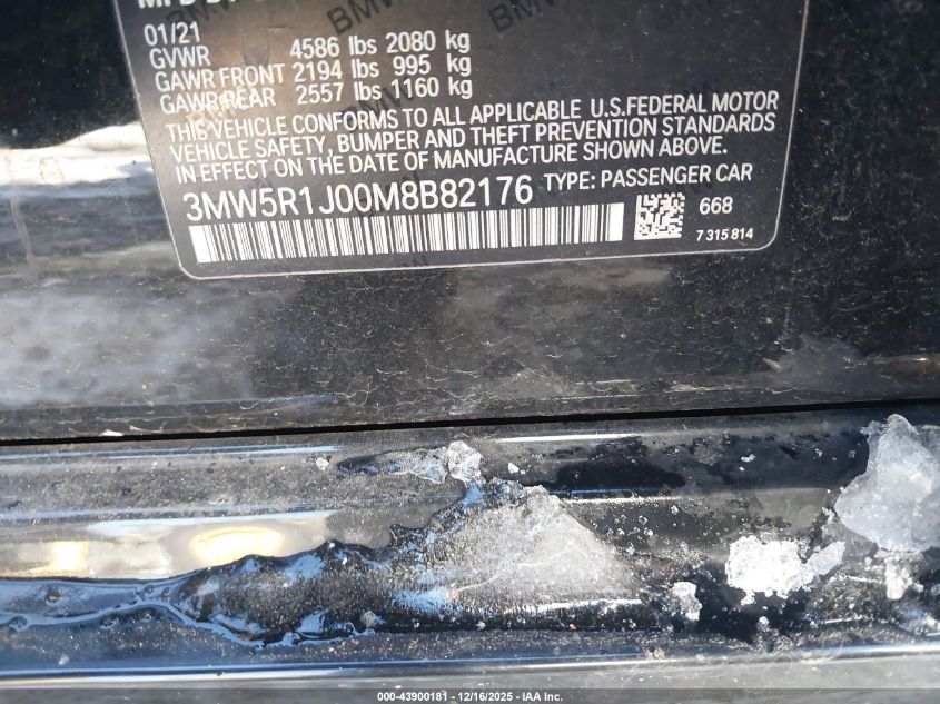 2021 BMW 330I VIN: 3MW5R1J00M8B82176 Lot: 43900181