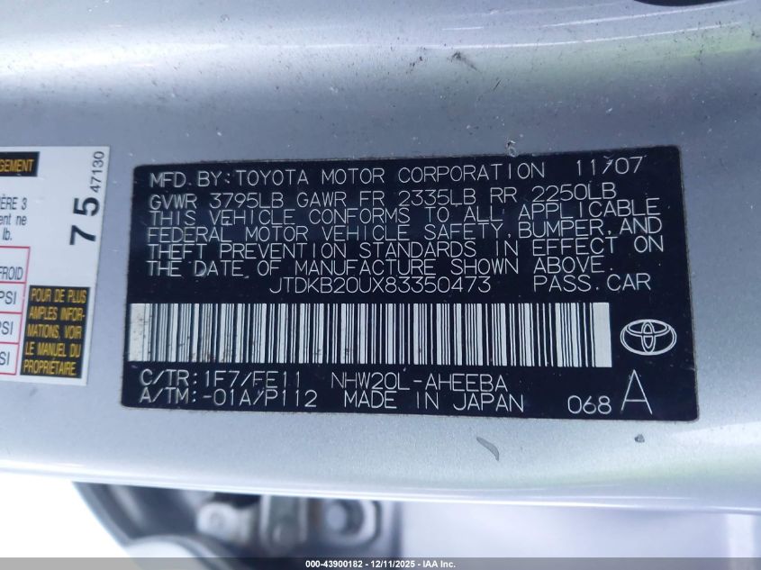2008 Toyota Prius VIN: JTDKB20UX83350473 Lot: 43900182