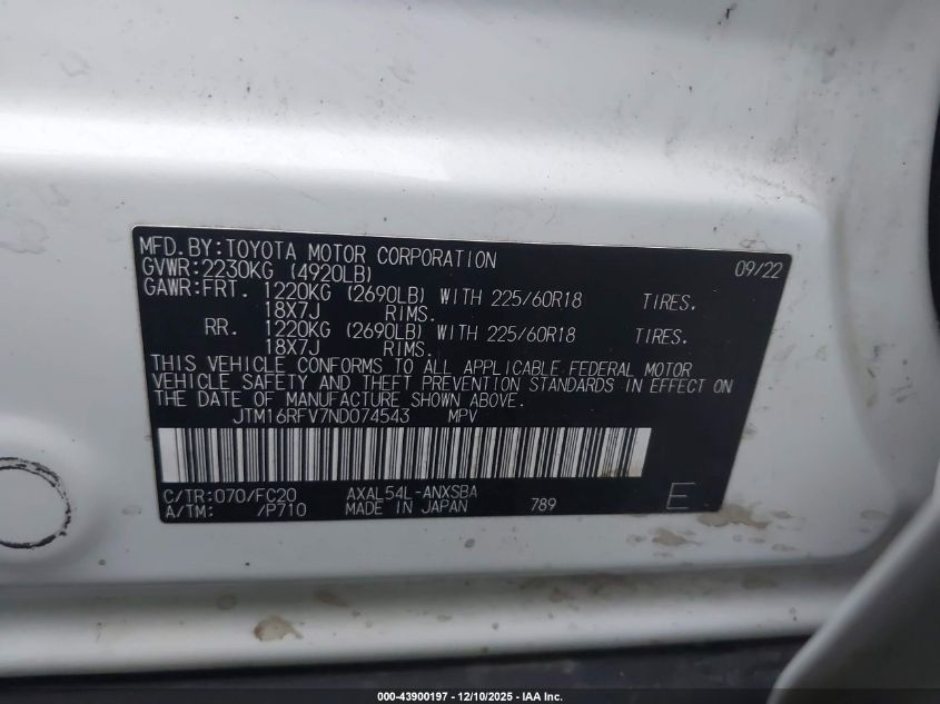 2022 Toyota Rav4 Hybrid Se VIN: JTM16RFV7ND074543 Lot: 43900197