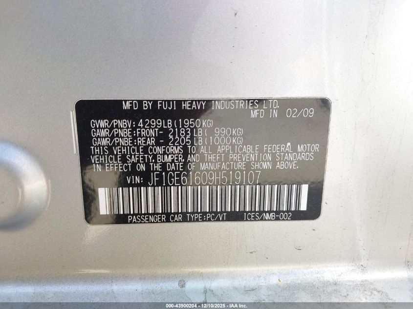 2009 Subaru Impreza 2.5I VIN: JF1GE61609H519107 Lot: 43900204